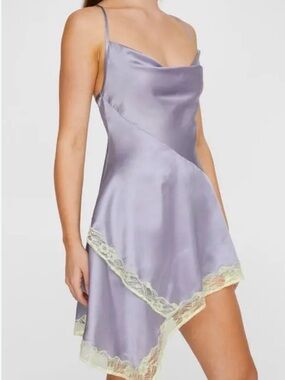 Satin Cowl Neck Slip Dress with Lace Trim - Lavender